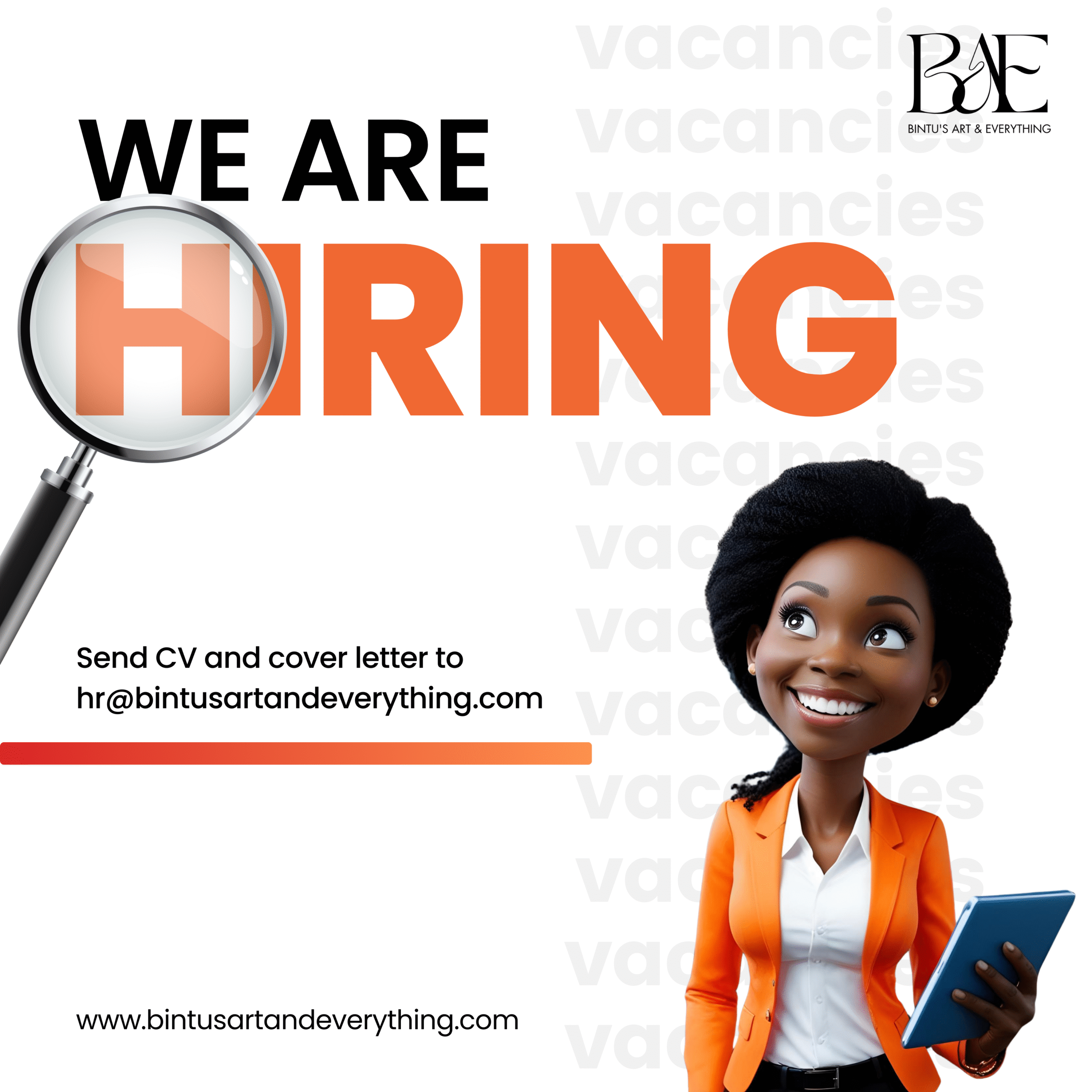 Graphic announcing job vacancies with a magnifying glass and a woman in an orange blazer.