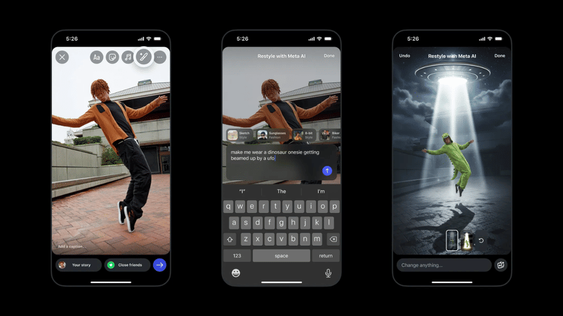 Instagram Users Can Now Use Meta AI Editing Tools Directly in IG Stories 1 Instagram interface showing Meta’s new AI editing tools inside Stories, where users can type a text prompt to instantly modify their photos or videos