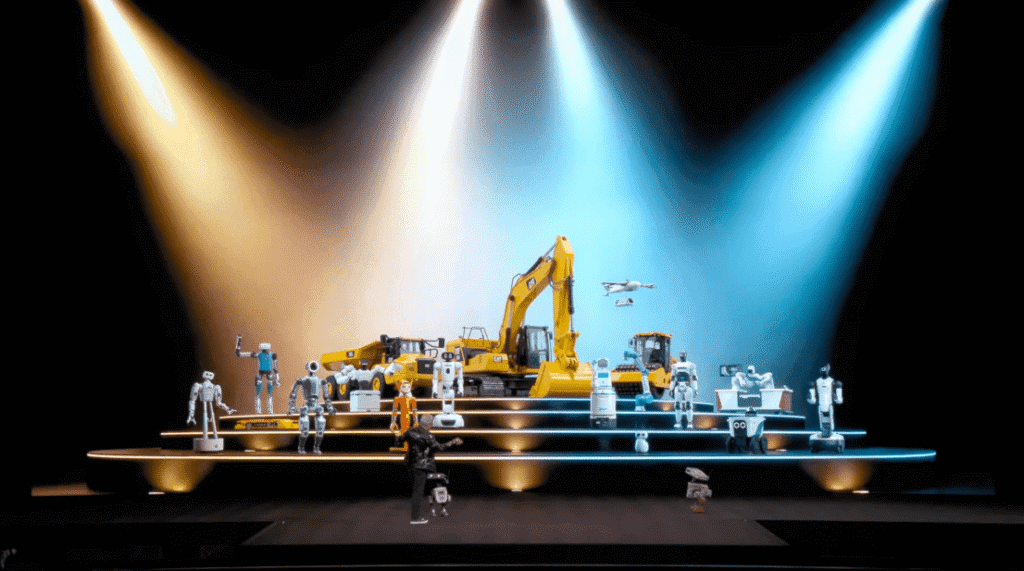 Multiple robots working in different environments with a central AI system, symbolizing Nvidia’s plan to build a shared platform for robotics.